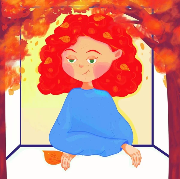 Sonbahar illüstrasyonu. Penceredeki bir kızın resmi. Yaprak. Sonbahar ağaçları kızıl saçlı kız.