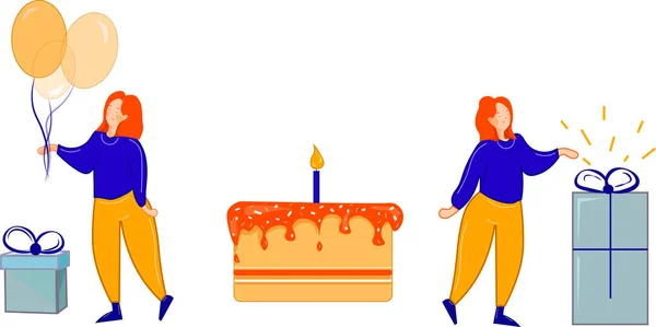 İnsanlar doğum gününü kutlar. Kız hediyelerin yanında duruyor ve elinde balonlar var. İyi ki doğdun. Düz çizgi film vektör çizimi ve simge seti. Doğum günü. Doğum günü pastası hediyeleri. Hava balonları