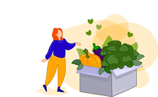 Sağlıklı beslenmenin bir göstergesi. Karakter taze organik meyve alır, sebzeler sebzelerle dolu bir kutuda teslim edilir. Çizim. Sağlıklı yaşam tarzı. Meyve. sebze