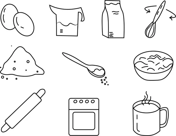 Fırın Karışımı simgeler - su, kek malzemesi, kase, hamur, yumurta, çırpı, soba, eritilmiş tereyağı, kaşık, kese.