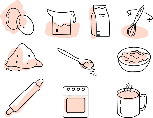 Baking Mixes illustration including icons - water, muffin ingredient, bowl, dough, egg, whisk, stove, melted butter, spoon, pouch.