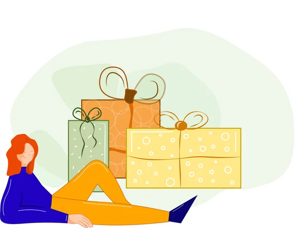 Hediye kutusu ve hediyeleri olan bir kadın. Çizim. Hediyeler, indirimler, iyi bir teklif. Kız hediyeleri bekliyor.