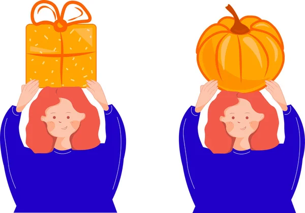  Hediyesi ve balkabağı olan bir kızın resmi. Sonbahar tatili, Cadılar Bayramı. Sonbahar çizimleri seti