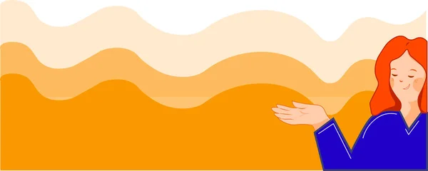  Düz çizim. Kız bir şeye işaret ediyor. İş illüstrasyonu. Düşünce ifadesi. Sarı arka planda bir şey gösteren bir kız resmi