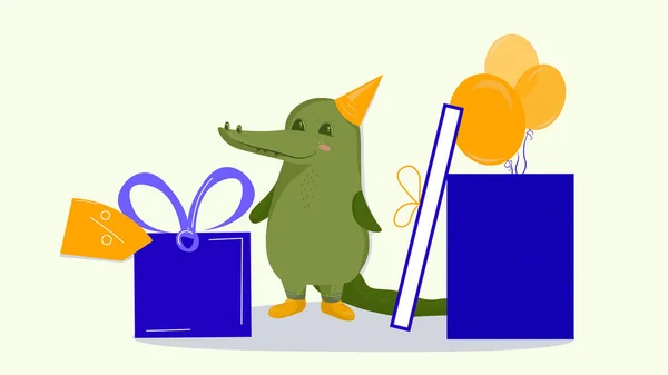 Komik timsah. Bir timsahın, afişin, reklamların düz vektör çizimi. Timsah bayramı kutluyor. Hediye. İndirim. İyi ki doğdun Kartpostal