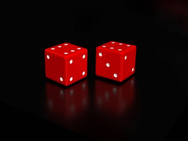 Siyah arka planda iki kırmızı zar var, altı tane. 3d oluşturma