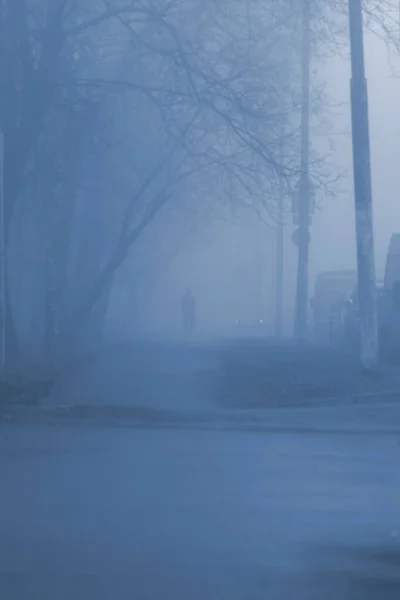 Силуэт Человека Идущего Городской Улице Покрытой Густым Туманом Тонированное Фото — стоковое фото