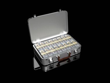 3D görüntüleme. Siyah camlı bir yüzey üzerinde 100 dolarlık banknotlarla dolu alüminyum kutu..
