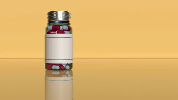 3D渲染 透明的罐装药丸 橙色背景 有倒影 — 图库照片