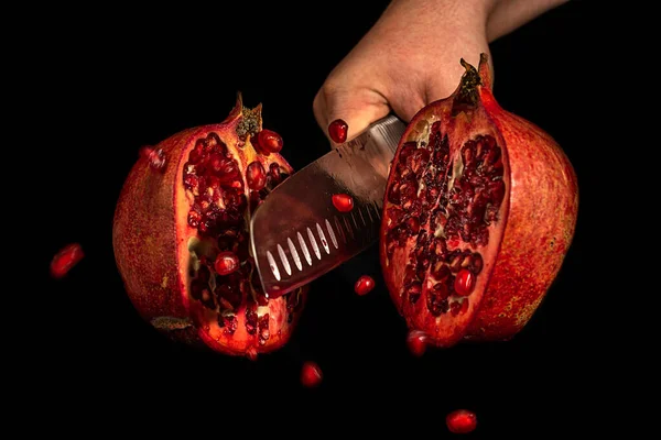 Pomegranate Fruit Chopped Flight Dynamic Studio Shot Selective Focus — Stock Photo, Image
