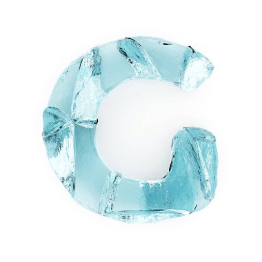 Beyaz zemin üzerinde buz harfi G, temiz beyaz üzerinde donmuş kırık buz.