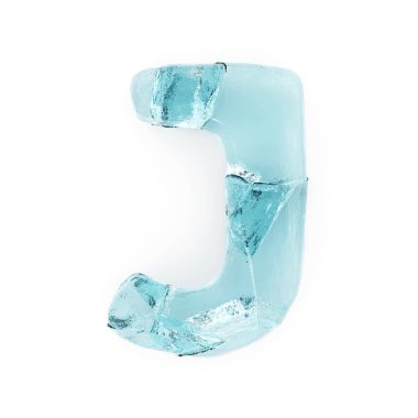 Beyaz zemin üzerindeki buz harfi J temiz beyaz üzerinde donmuş kırık buz.