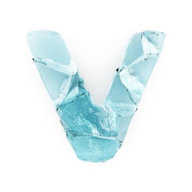 Beyaz zemin üzerinde buz harfi V izole edilmiş beyaz beyaz üzerinde donmuş kırık buz.