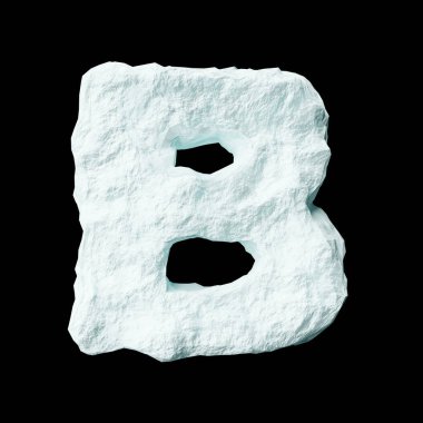Snow letter B on black background isolated ice rock lime 3D render on a clean black background