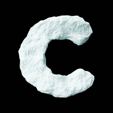 Snow letter C on black background isolated ice rock lime 3D render on a clean black background