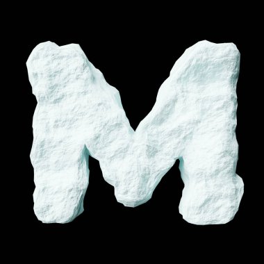 Snow letter M on black background isolated ice rock lime 3D render on a clean black background