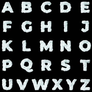 Snow letters alphabet on black background isolated ice rock lime 3D render on a clean black background