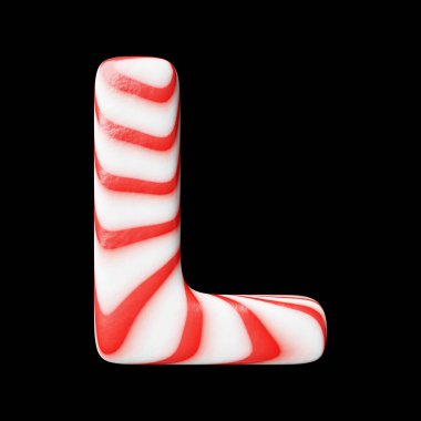 Candy letter L on clean black background isolated sweet candy lollipop 3D render with red and white stripes
