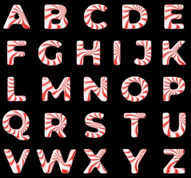 Candy letter alphabet on clean black background isolated sweet candy lollipop 3D render with red and white stripes