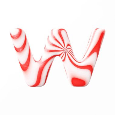 Candy letter W on clean white background isolated sweet candy lollipop 3D render with red and white stripes