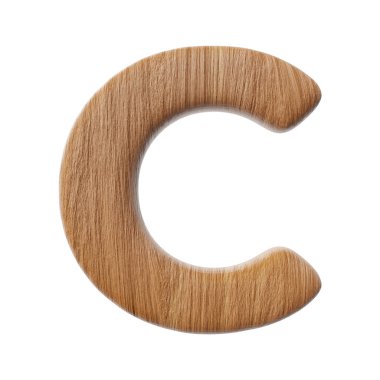 Wooden letter C on clean white background isolated wood bark letters 3D render
