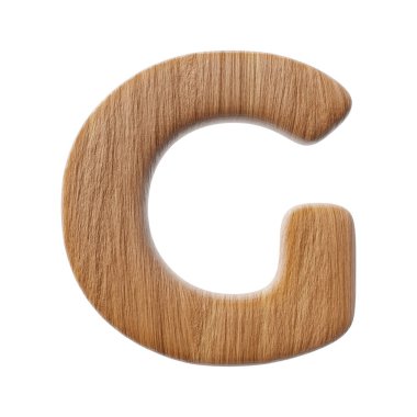 Wooden letter G on clean white background isolated wood bark letters 3D render