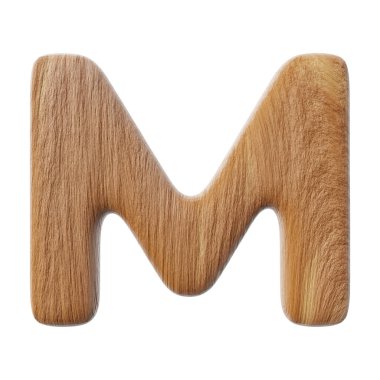 Wooden letter M on clean white background isolated wood bark letters 3D render