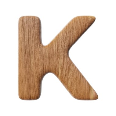 Wooden letter K on clean white background isolated wood bark letters 3D render
