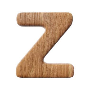 Wooden letter Z on clean white background isolated wood bark letters 3D render