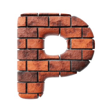 Bricks letter P on clean white background isolated red bricks wall 3D render
