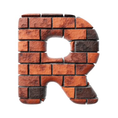 Bricks letter R on clean white background isolated red bricks wall 3D render