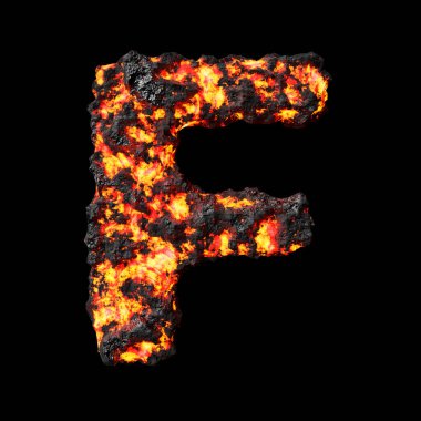 Lava letter F on clean black background isolated lava coal smoldering letters 3D render