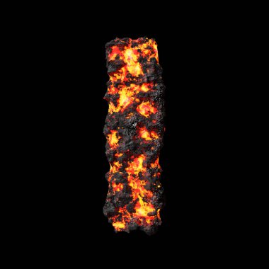 Lava letter I on clean black background isolated lava coal smoldering letters 3D render