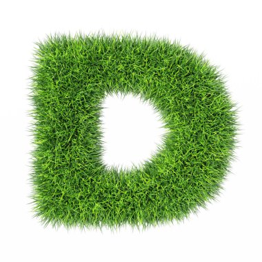 Beyaz arkaplanda D harfi. Temiz beyaz arka planda taze yeşil 3D çimen.