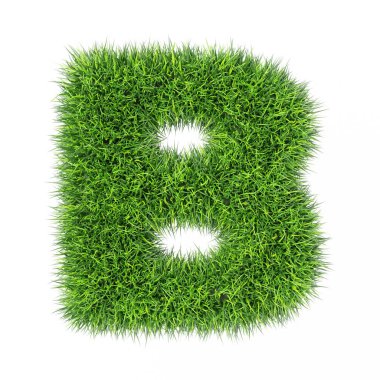 Beyaz arkaplanda B Çimeni harfi. Temiz beyaz arka planda taze yeşil 3D rendeleme çimeni.