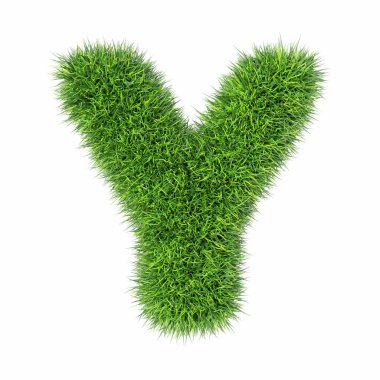 Beyaz arkaplanda Y harfi izole edilmiş taze yeşil 3D çimenler temiz beyaz arkaplan üzerinde