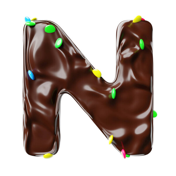 Chocolate letter N on a white background sweet chocolate hazelnut spread with multicolored dragee candies realistic 3D render