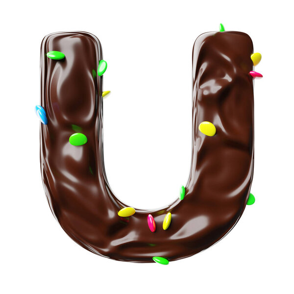 Chocolate letter U on a white background sweet chocolate hazelnut spread with multicolored dragee candies realistic 3D render