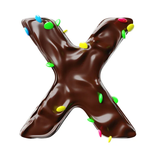 Chocolate letter X on a white background sweet chocolate hazelnut spread with multicolored dragee candies realistic 3D render
