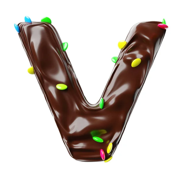 Chocolate letter V on a white background sweet chocolate hazelnut spread with multicolored dragee candies realistic 3D render