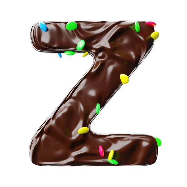 Chocolate letter Z on a white background sweet chocolate hazelnut spread with multicolored dragee candies realistic 3D render