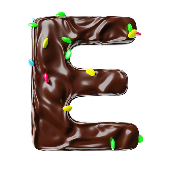 Chocolate letter E on a white background sweet chocolate hazelnut spread with multicolored dragee candies realistic 3D render