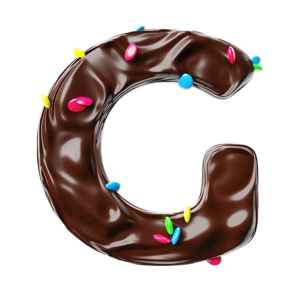 Chocolate letter G on a white background sweet chocolate hazelnut spread with multicolored dragee candies realistic 3D render