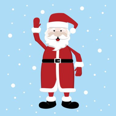 Geleneksel şirin Noel Baba karakterinin çizgi film çizimi. Açık mavi arkaplanda vektör illüstrasyonu. 