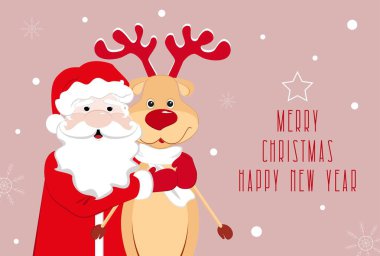 Merry Christmas and New Year greeting card with cute Santa Claus and reindeer. Christmas cartoon characters. Vector.