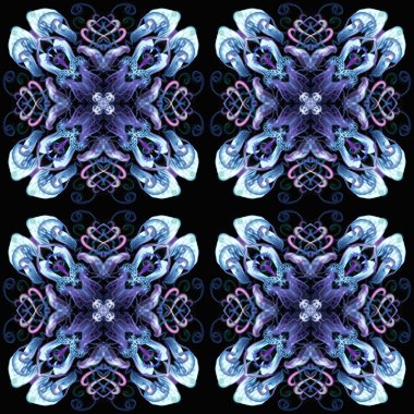 Siyah arkaplanda çok renkli süsleme elemanı, soyut simetrik desen, psikedelik tarz, bir grafik tabletine elle çizilmiş, desenler, ambalaj dekoru, basılı ürünler, afişler ve el ilanları, tekstil oluşturmak için