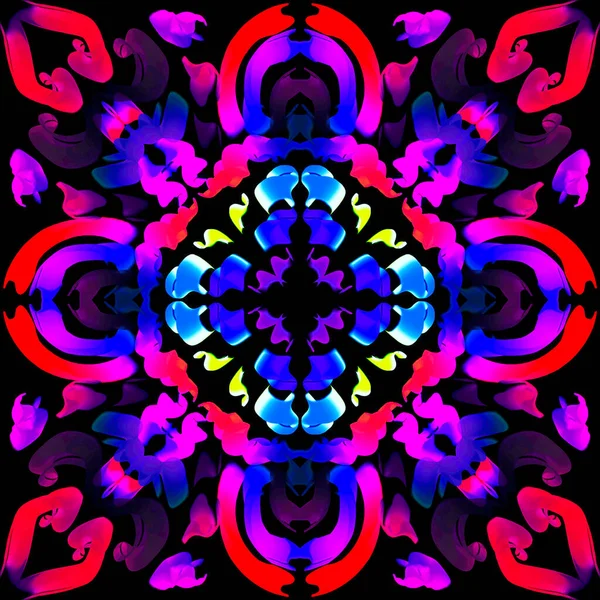 Neon Kwiat Element Ozdoba Czarny Tło Abstrakcyjny Symetryczny Wzór Tekstylny — Zdjęcie stockowe
