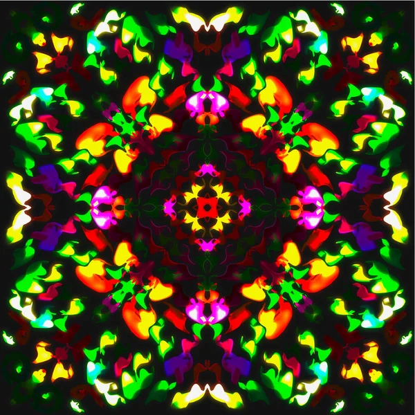 Néon Flor Elemento Ornamento Preto Fundo Abstrato Simétrico Padrão Têxtil — Fotografia de Stock