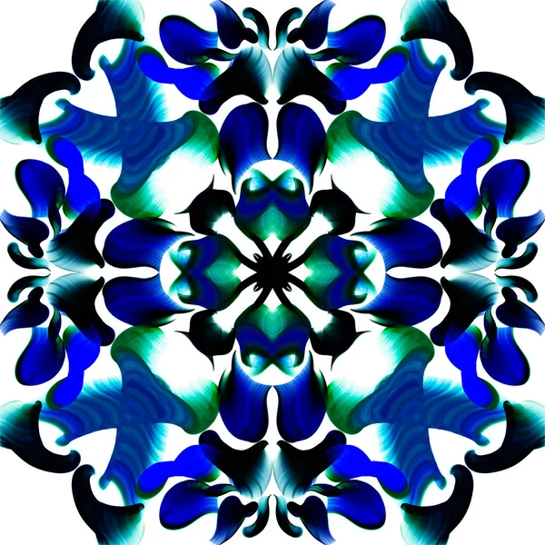 Modrý Abstraktní Ornamentální Prvek Symetrický Vzor Psychedelický Styl Ručně Kreslený — Stock fotografie