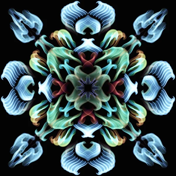 Vícebarevný Ornamentální Prvek Černém Pozadí Abstraktní Symetrický Vzor Psychedelický Styl — Stock fotografie
